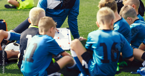 Coaching Kids in Team Sports. Coach Explaining Tactics Details Using White Soccer Tactics Board. Children in a Football Team. Coach with Youth Sports Team