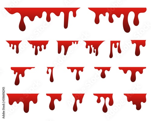 Dripping blood symbols set. Red liquid ink, paint drip and drop.