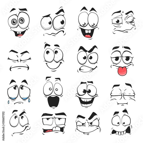 Cartoon face expression isolated vector icons, funny emoji satisfied, and crazy, angry, laughing and sad. Facial emoticon feelings upset, happy, toothy and sad, dissatisfied. Cute face expressions set
