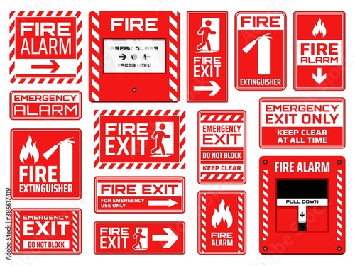 Fire emergency signs vector design of fire exit, extinguisher, alarm button and pull station, safety and evacuation icons. Red and white warning symbols with human figures, arrows, flames and doors
