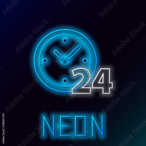 Glowing neon line Clock 24 hours icon isolated on black background. All day cyclic icon. 24 hours service symbol. Colorful outline concept. Vector.