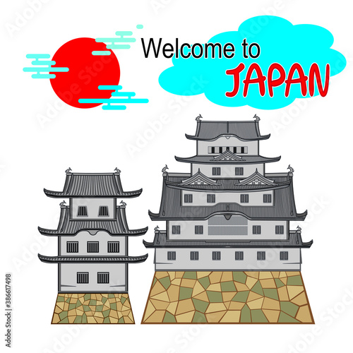 welcome to Japan - Greeting  card with japan Himeji castle drawing in cartoon vector