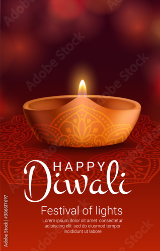 Diya lamp and Diwali rangoli decoration, vector Indian festival of light and Hindu religion. Deepavali oil lamp with fire flame or candle lantern with gold clay cup, invitation of Diwali celebration