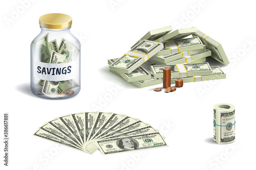 Money set: stack and bundles of dollar bills and coins and jar for money savings