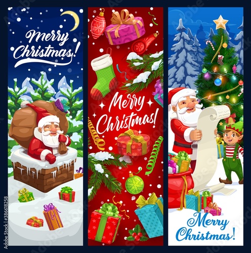 Santa and elf vector design of Christmas greeting banners. Winter holiday gifts, Xmas tree and Claus in chimney, present boxes, sock stocking and snow, balls, stars and snowflakes, candies and lights