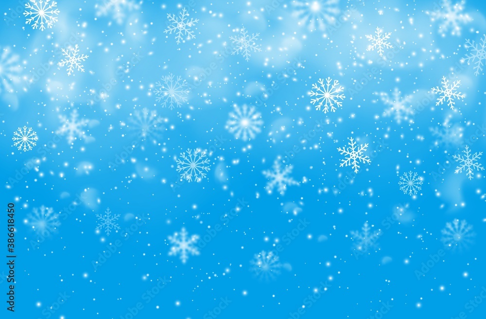 Christmas snowflakes blue vector background. Winter holiday falling snow pattern with steam, decoration for xmas greeting card. Fantasy snow spinning, falling snowflakes backdrop