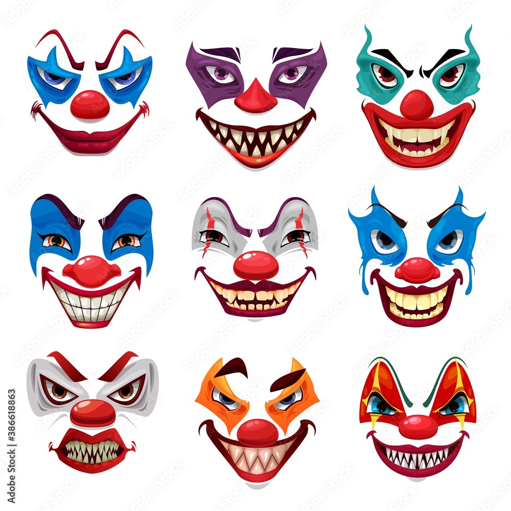 Scary clown faces, vector funster masks with makeup, red nose, angry eyes  and creepy smile with sharp teeth isolated on white background. Halloween  party characters emoticons, horror creatures emojis Stock Vector
