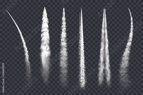 Plane smoke trail, air jet clouds, vector contrail realistic 3d airplane or rocket white lines. Design elements, vapor effect in sky, spray straight and curve tracks isolated on transparent background photo