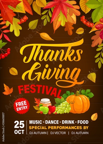 Thanks Giving festival vector flyer with crop of pumpkin, grapes, honey and apples with pears. Invitation for Thanksgiving day party celebration with fall leaves maple, poplar and oak or rowan poster