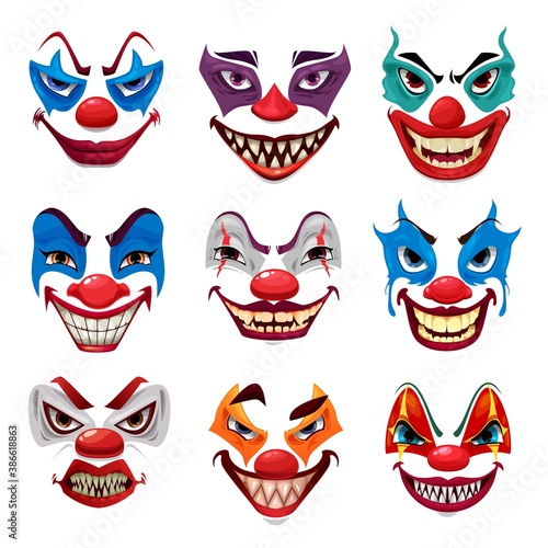 Scary clown faces, vector funster masks with makeup, red nose, angry eyes and creepy smile with sharp teeth isolated on white background. Halloween party characters emoticons, horror creatures emojis