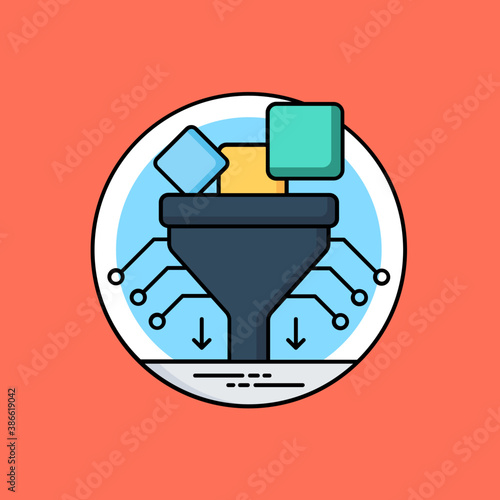 
Big data filtering through funnel, flat icon image 
