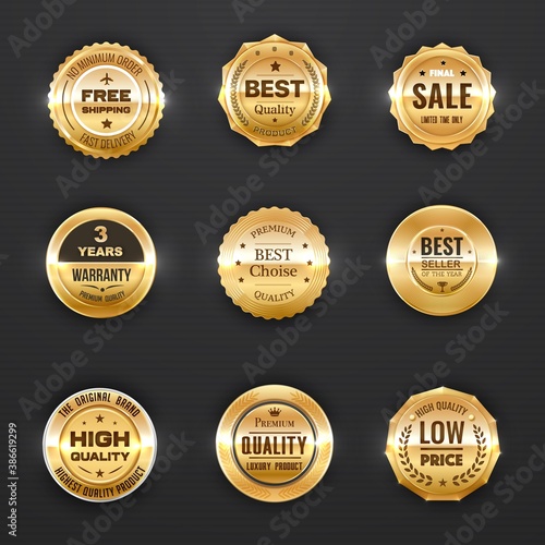 Warranty and quality labels vector golden emblems with laurel branches, stars and crowns. Best quality product, company or brand award badges, luxury design icons or stamps isolated gold icons set
