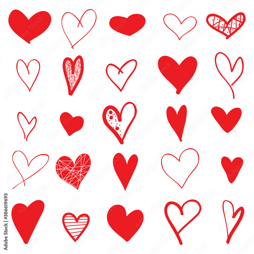 Red heart hand drawn icons set isolated on white background. Collection ...