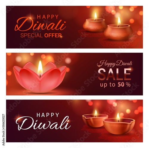 Diwali light festival sale offer banners with vector diya lamps of Indian Deepavali. Discount price special offers with Hindu religion holiday oil lamps, festive rangoli decorations and bokeh lights