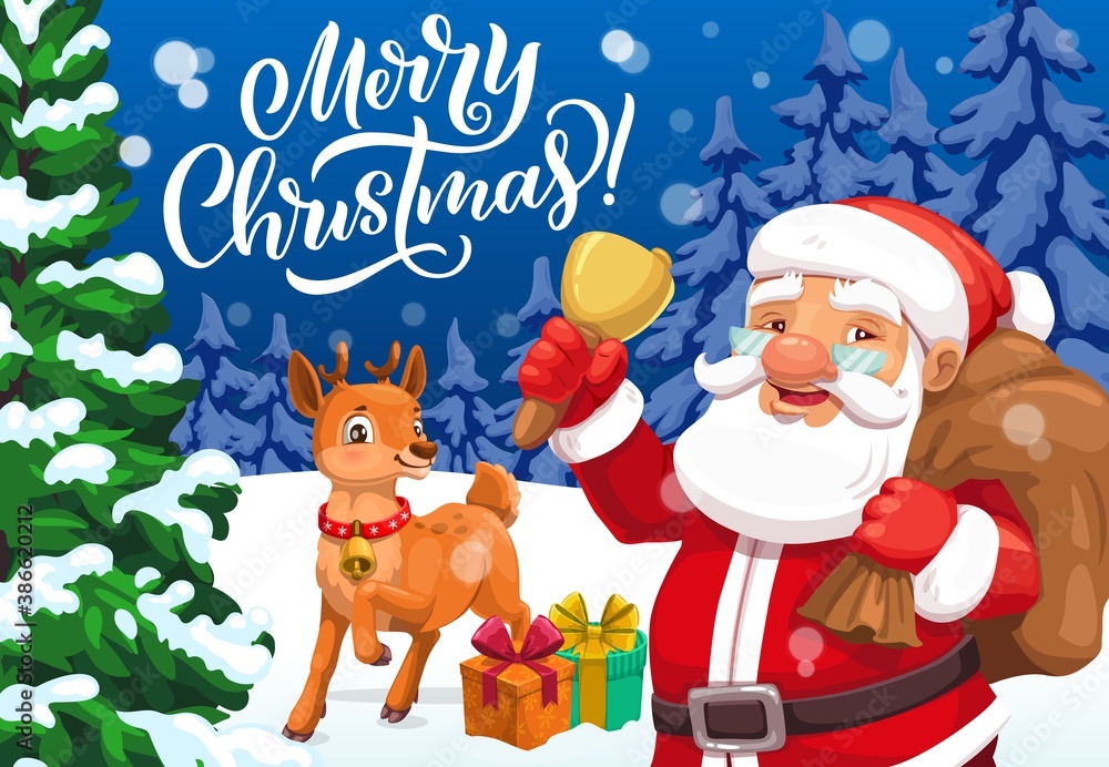 Merry Christmas greeting card with vector Santa, Xmas bell and reindeer, gift bag, present boxes, ribbons and bows in snowy forest with pine and fir trees. Winter holidays design Merry Christmas greeting card with vector Santa, Xmas bell and reindeer, gift bag, present boxes, ribbons and bows in snowy forest with pine and fir trees. Winter holidays design