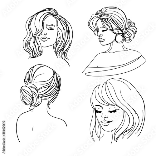 Minimal style blank for beauty salons, fashion studio, cosmetic studio. Vector collection of one line girls portrait