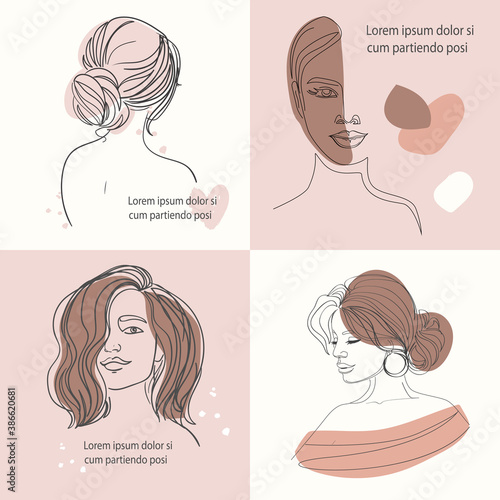 Template for logo and branding design of beauty salons, fashion and hairdressing salon. Vector illustration of portraits of girls in one line