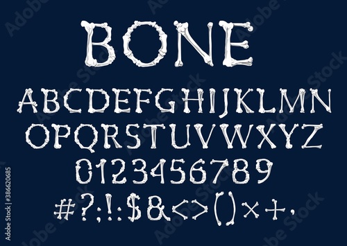 Font of bones, vector Halloween and Dia de los Muertos holidays design. Alphabet type of human skeleton bones, capital letters, numbers or digits and punctuation marks of tibia, fibula, ribs, humerus