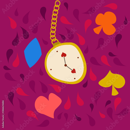 Hand-drawn illustration of a clock with arrows and hearts on a long gold chain from the fairy tale Alice in Wonderland. The suits of playing cards. Flat.