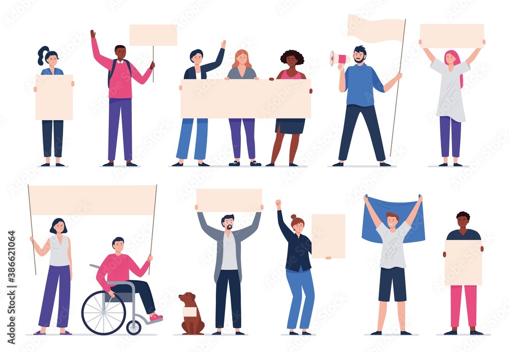 Collection of diverse people standing and holding blank banners. Multiethnic male and female protesters or activists. Strikes, protest around the world. Vector flat illustration. 