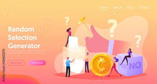 Random Selection Landing Page Template. Tiny Characters Throw Coin and Dice with Yes No Sides, Pulling Paper from Box