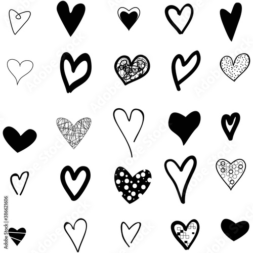 Black heart hand drawn icons set isolated on white background. Collection of hand drawn hearts for love symbol, wallpaper and Valentine's day. Creative outline frame. Heart and love vector