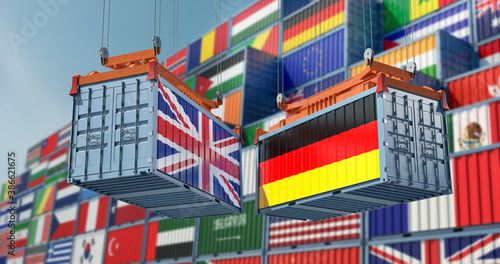Freight containers on a Terminal with United Kingdom and German flag. 3D Rendering 