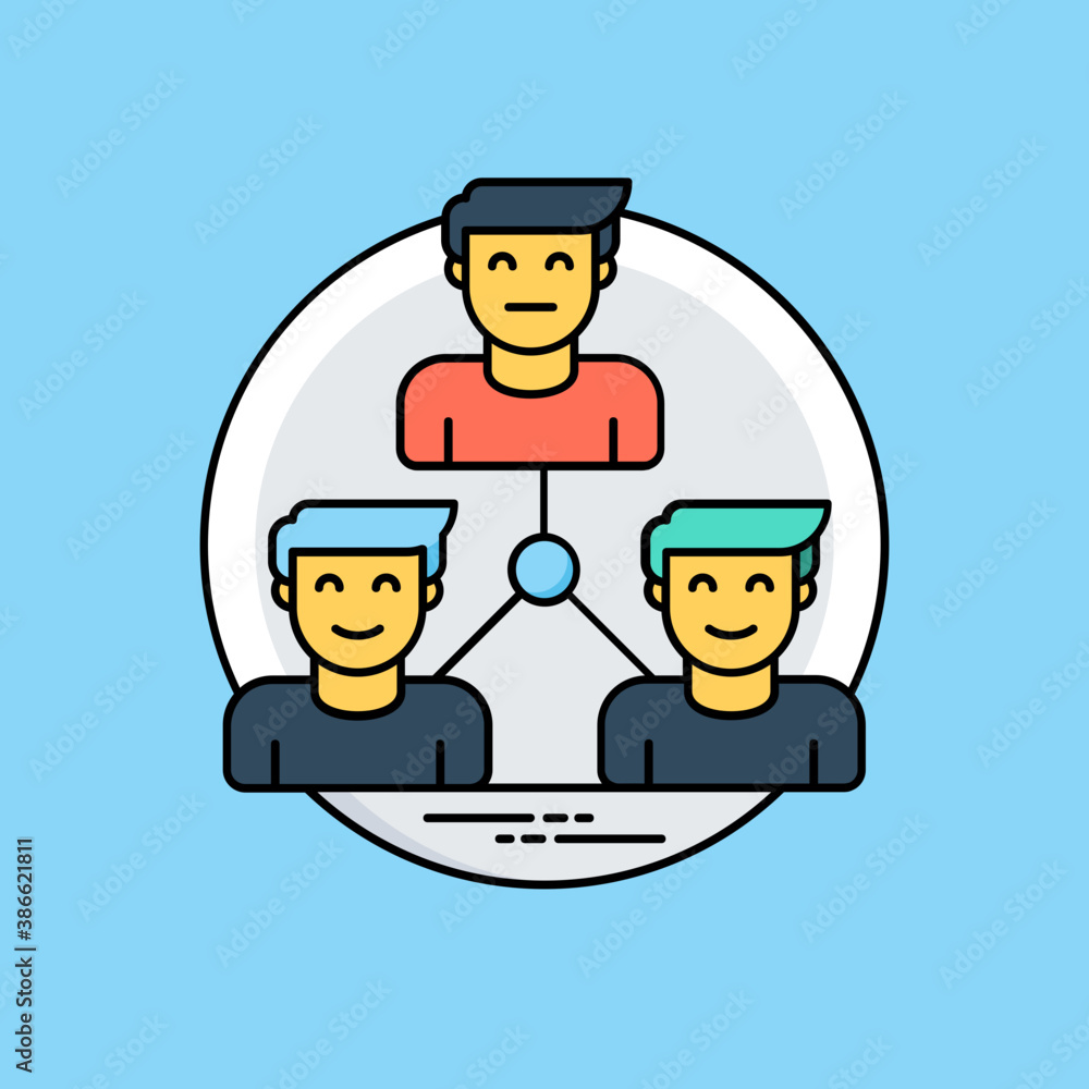 
smiling human avatars attached with each other where one is leading the other two, structuring icon for company structure 
