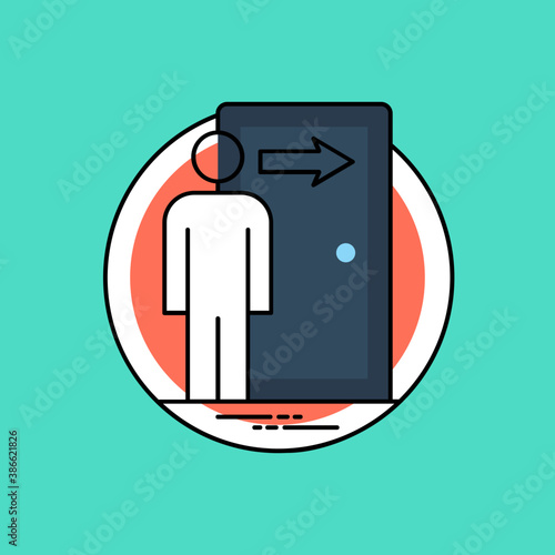 
A sad human avatar standing in dismay in front of the company door with arrow pointing outwards showing icon for staff dismissal 
