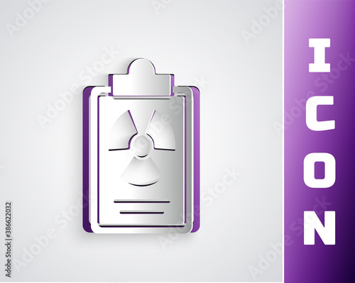 Paper cut Radiation warning document icon isolated on grey background. Text file. Paper art style. Vector.