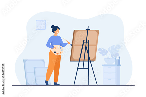 Smiling woman standing near easel and painting flat vector illustration. Cartoon painter with palette drawing new masterpiece. Creative profession and hobby concept