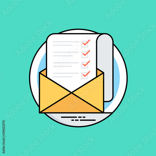 
A checked list coming out of an envelope bringing concept of mailing list icon
