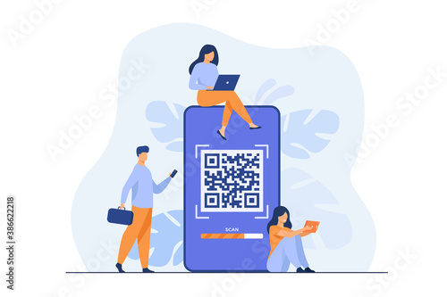 Tiny people using QR code for online payment isolated flat vector illustration. Cartoon infographic characters using smartphone for scan of QR code. Digital wallet and modern technology concept