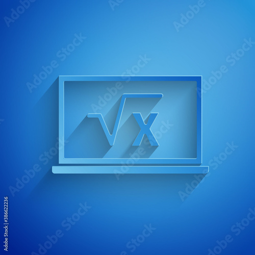 Paper cut Square root of x glyph on chalkboard icon isolated on blue background. Mathematical expression. Paper art style. Vector.