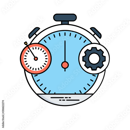 
Stopwatch having speedometer at one side and gears on the other, linking to concept of fast processing 
