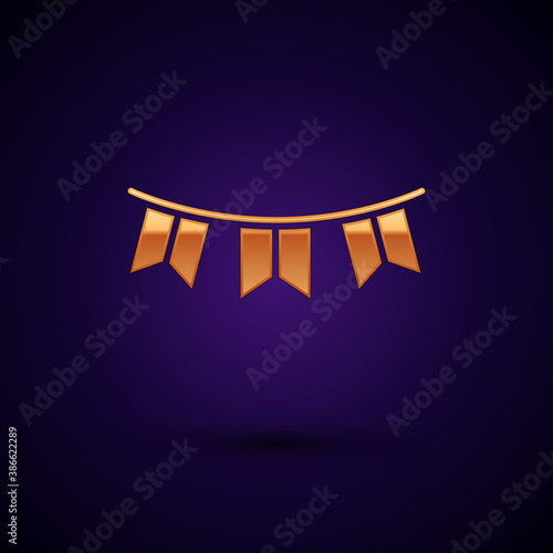 Gold Carnival garland with flags icon isolated on black background. Party pennants for birthday celebration, festival decoration. Vector.