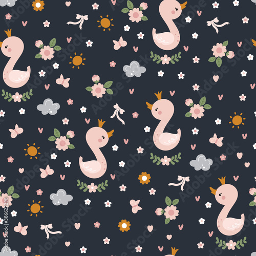 Cute childish background with swans