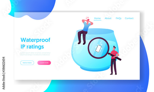 Innovative Technologies, Mobile Phone Development Landing Page Template. Tiny Men Throw Waterproof Smartphone in Water