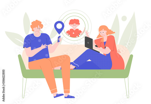 Parental control app. Parents at home check their son's location using smartphone. Modern technologies and child safety. Vector flat illustration.