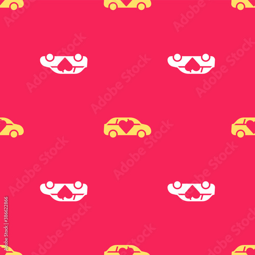 Yellow Luxury limousine car icon isolated seamless pattern on red background. For world premiere celebrities and guests poster. Vector.