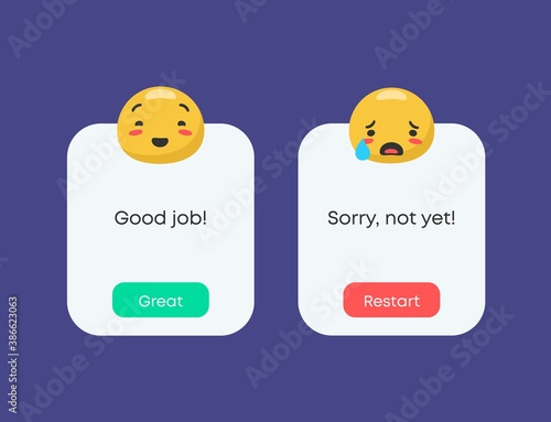 Excellent and restarting template. Game passage of level with joyful smile good job and crying sorry not yet satisfaction with marketing of service poll user comments selection online stores vector.
