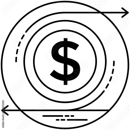 
Diagram showing circle of dollars with arrowheads pointing in different directions, direction to return on investment icon 
 photo