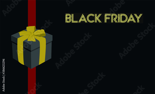 vector black background with red line, black gift, and neon black friday poster for business on sale or promotions for black friday