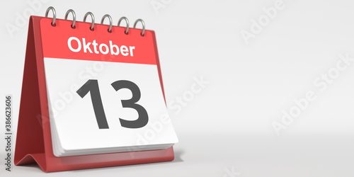 October 13 date written in German on the flip calendar page. 3d rendering
