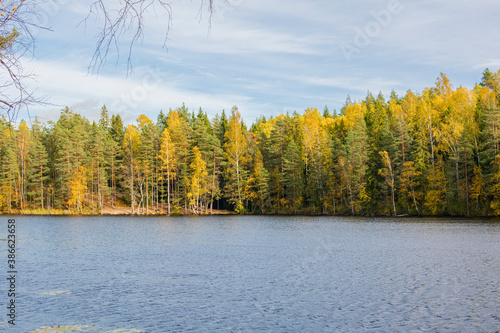View of The Lake Halkolampi in autumn, Luukki, Espoo, Finland