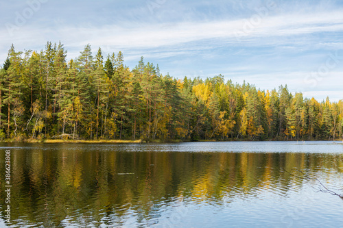 View of The Lake Mustlampi in autumn, Luukki, Espoo, Finland