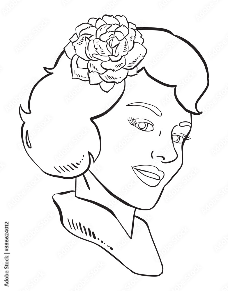 Hand drawn illustration of a retro woman with rose in her hair, black and white clip art.