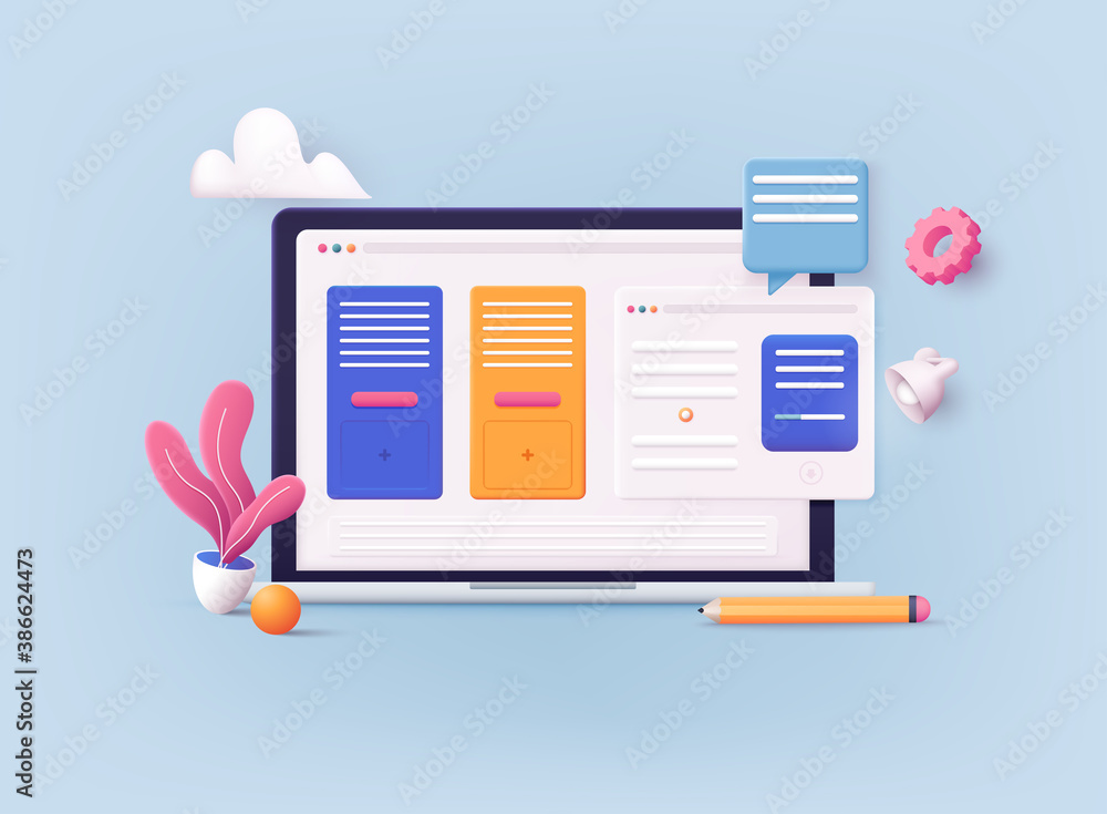 3D Web Vector Illustrations. Laptop with open pages. Landing page template for web. 3D Web Vector Illustrations. Laptop with open pages. Landing page template for web.