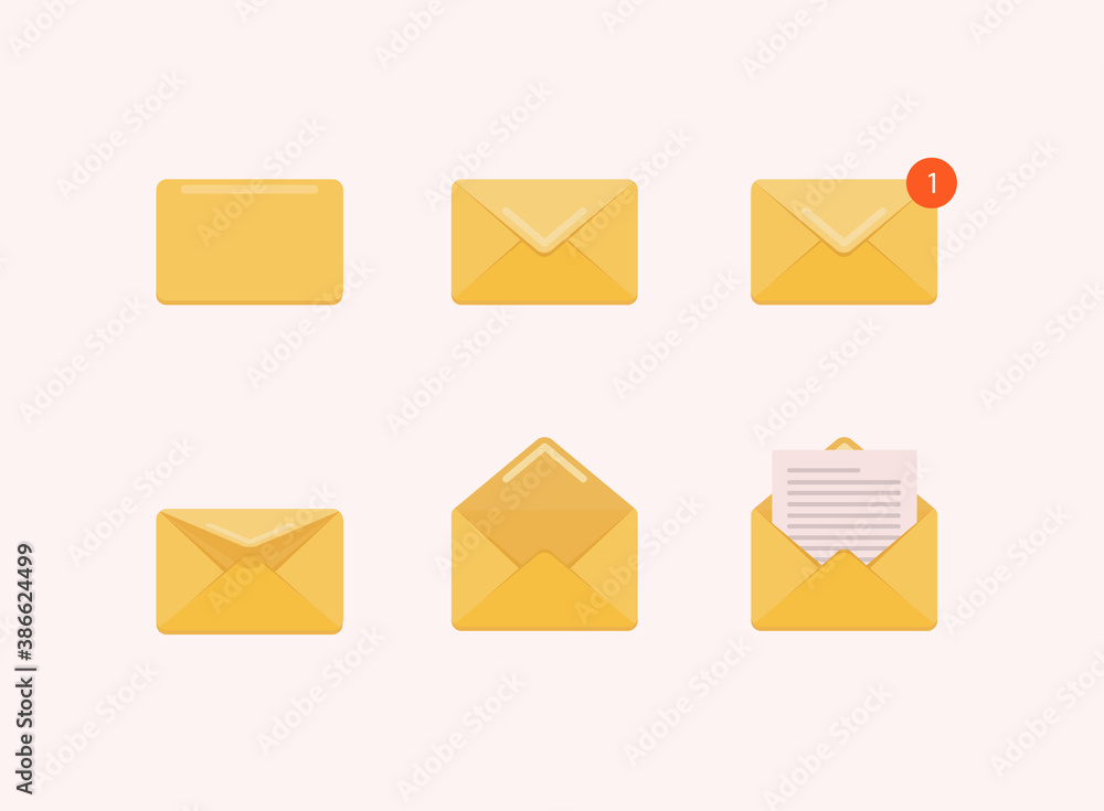 Set of opened and closed envelope with note paper card. Mail icon. Vector illustration. Set of opened and closed envelope with note paper card. Mail icon. Vector illustration.