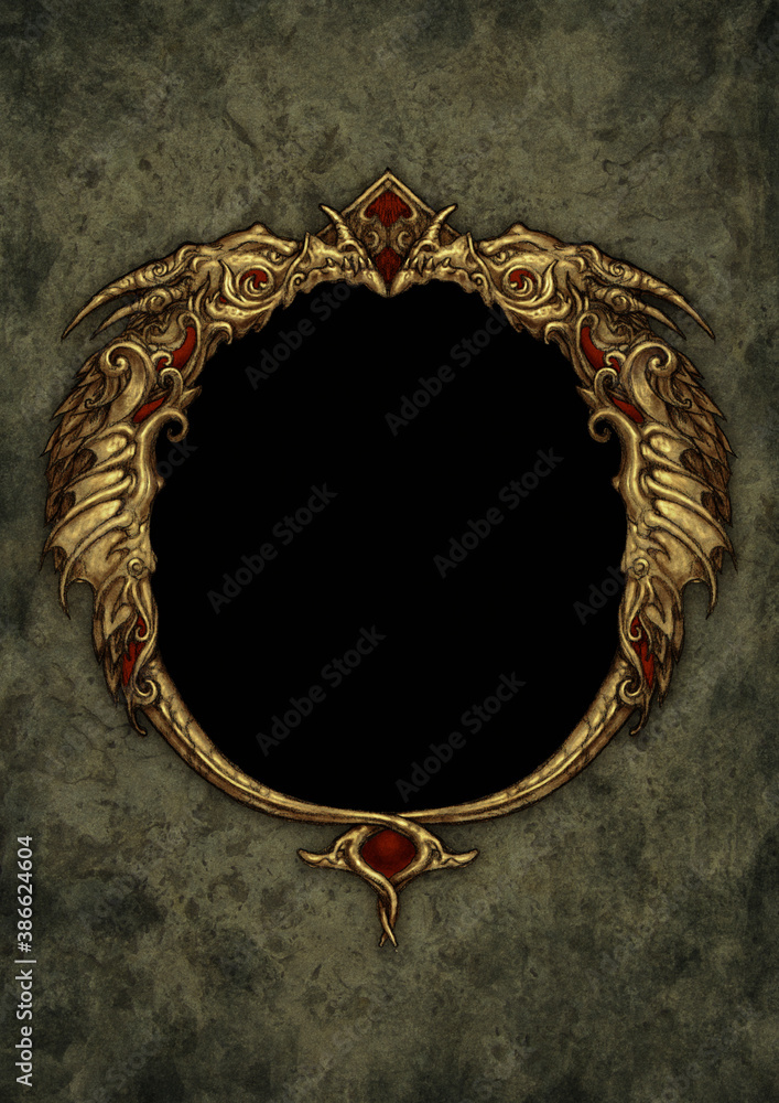 Fantasy golden dragon frame background digital illustration Stock